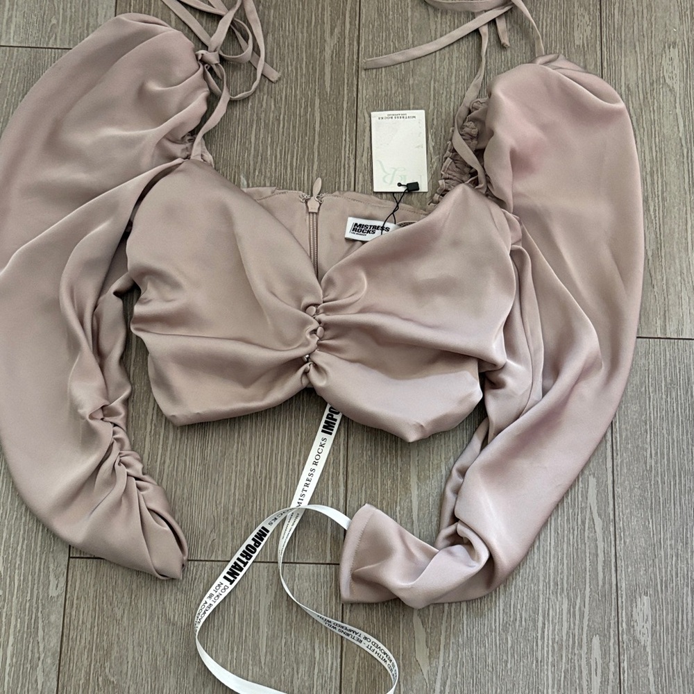Mistress Rocks NWT 
Light Beige Satin Gathered Crop Top Small - Picture 6 of 8